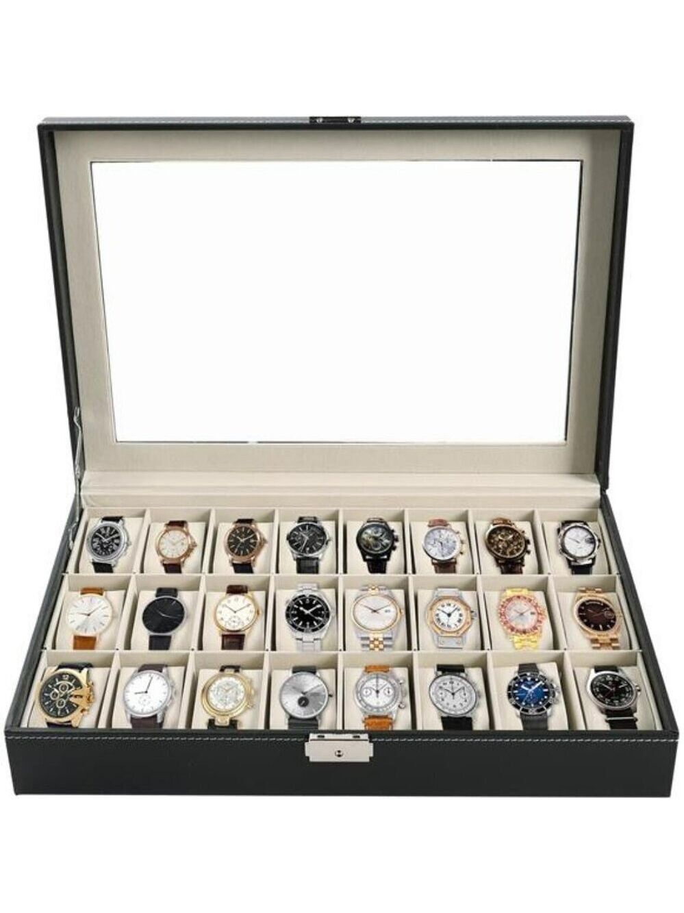 Watch Box 24 Slot Glass Top Organizer Faux Leather Jewelry Display Storage